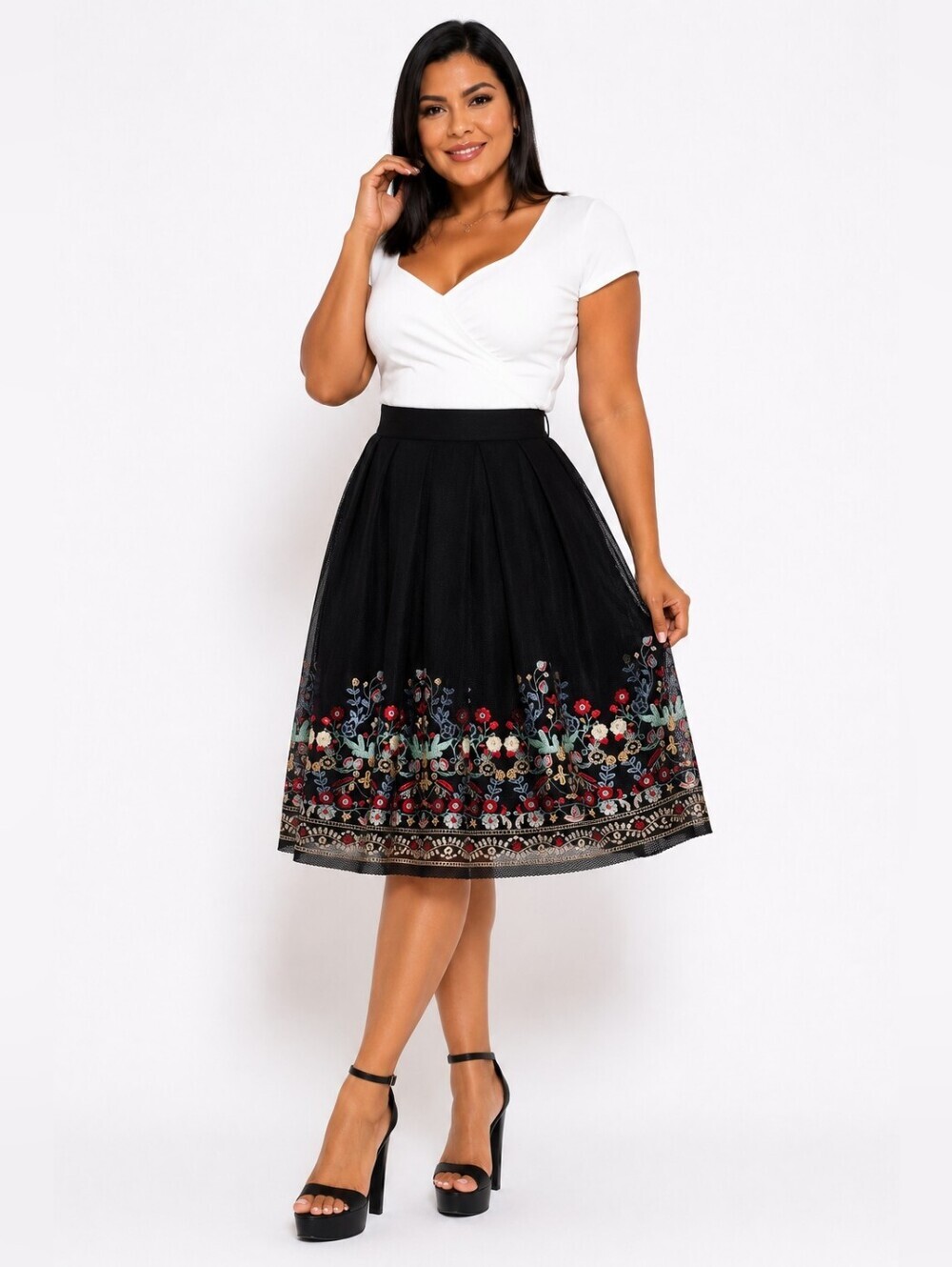 Gianni Bini Black Midi Skirt with Multicolor Floral Embroidery. Size L